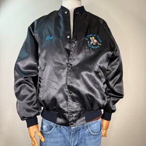 Vintage Ponderay Newsprint Safety Advertising Black Satin Bomber Jacket LARGE